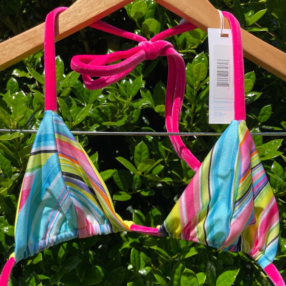 Frankie’s Bikinis rainbow swirl phillipa shine triangle bikini top
